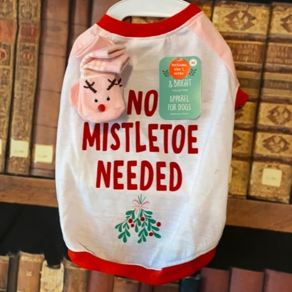 Merry & Bright "No Mistletoe Needed Dog Tee &‎ Sock Set Medium